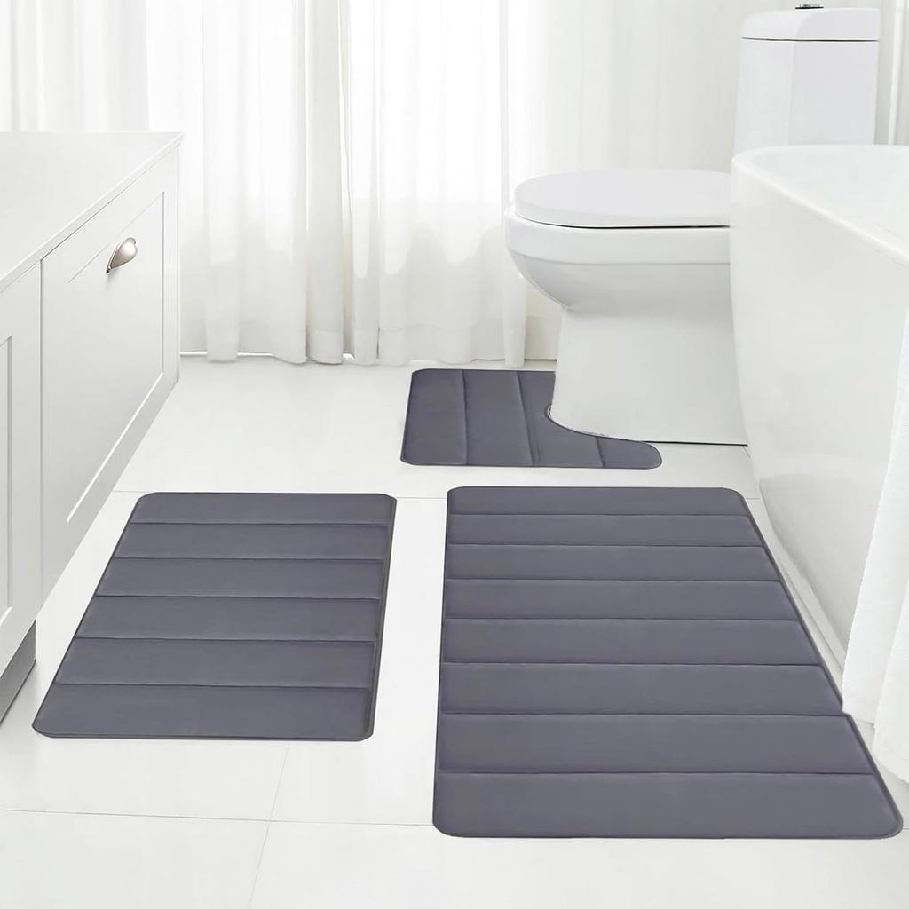 Memory Foam Bathroom Rug Set 3 Piece, Non Extra Soft Absorbent Bath Mats, Machine Washable & Dry Toilet Mat Sets For Bathroom Floor