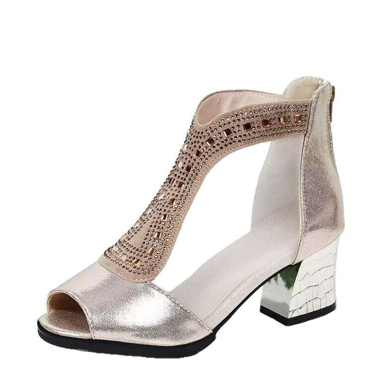 Большие размеры, летние новые туфли на толстом каблуке с рисунком «рыбий рот», женская обувь, сетчатая пряжа, дышащие, сверкающие бриллианты, классные ботинки, босоножки на высоком каблуке, сетчатые ботинки, обувь для мам