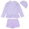 Купальник с длинным рукавом для плавания от солнца, фиолетовый в клетку [Тедди] для девочек, защита, шорты, шапочка, набор из 3 предметов, защита, Kids464, 110 см,