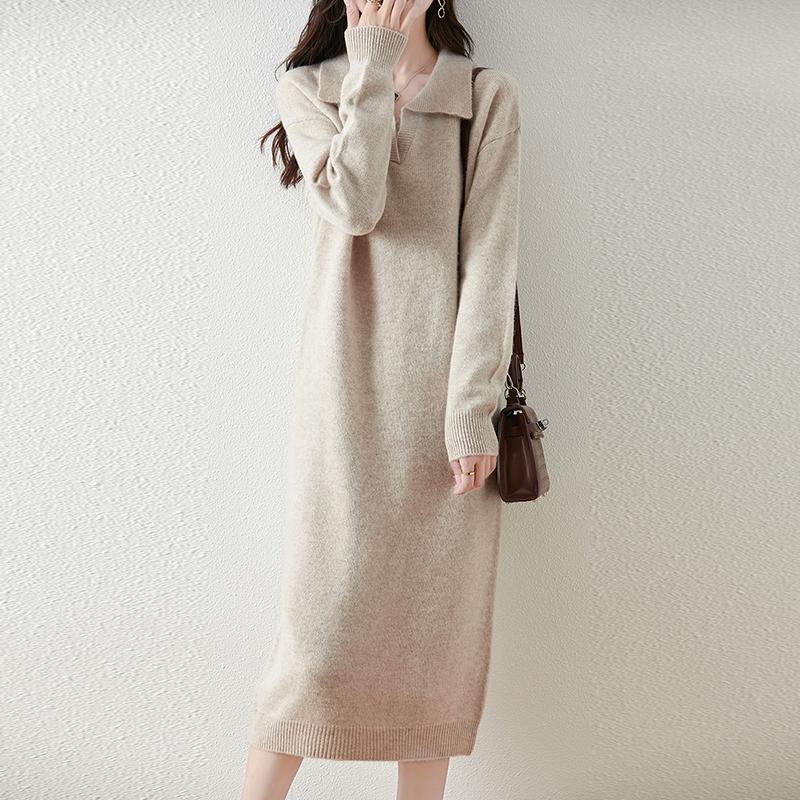 Женское платье-свитер 100% шерсть MODERN NEW SAGA V-образный вырез трикотажный длинный пуловер воротник поло зимние джемперы шерстяное длинное платье женское