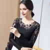 Women Tops Round Neck Long Sleeve Mesh Lace Embroidery Pullover Tops Solid Color Slim Fit Blouse Daily Wear