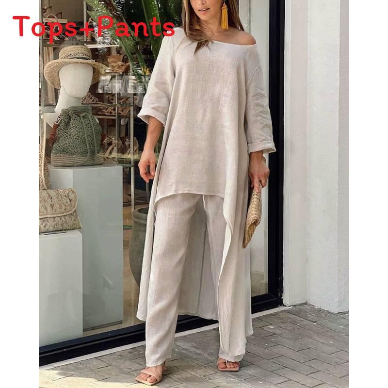 Cotton Linen Casual Woman Set With Irregular Long Sleeve Hoodie And Wide Leg Pants For Spring Fashion Comfort