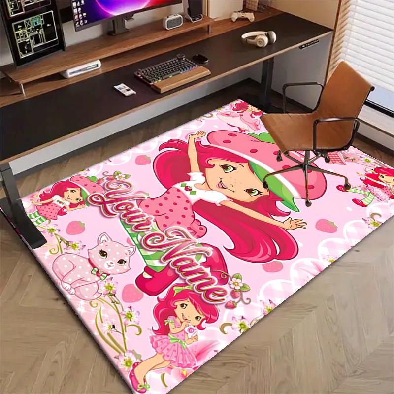 Princess Strawberry Design Area Rug Personalized Name- Non-Slip, Soft & Cozy Floor Mat for Living Room, Office - Indoor/Outdoor Carpet