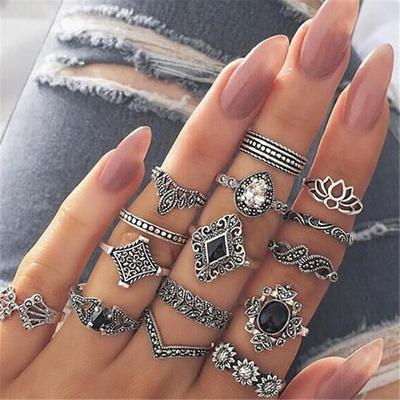 Серебряный 15 штук / Набор винтажных панк мини-колец на палец с цветочной резьбой для женщин, богемное шарнирное KTJ