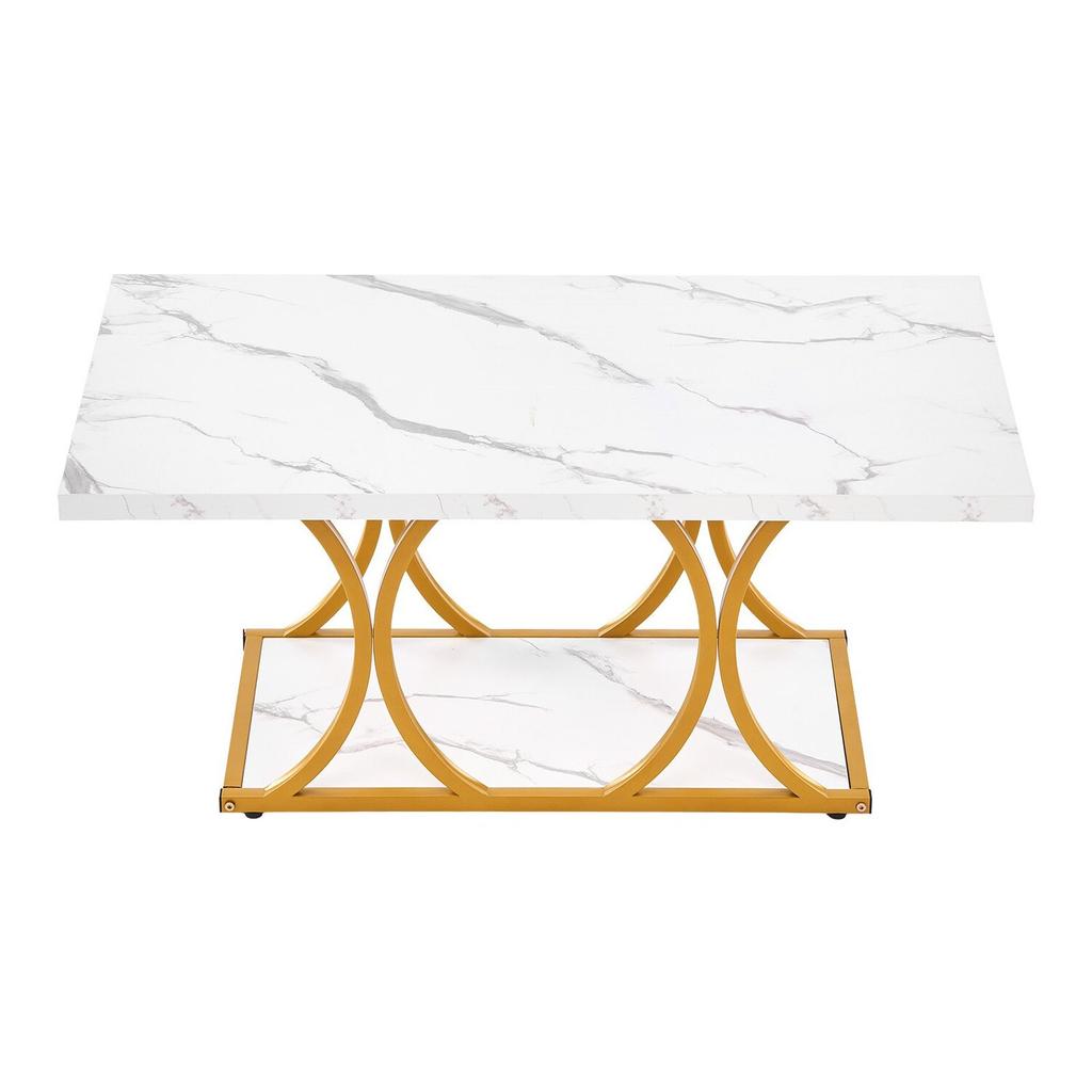 Coffee Table, Modern Faux Marble Coffee Table, Large 2-Tier Rectangle Center Desk with Geometric Legs, Minimalist Sturdy Metal Frame Accent End Desk