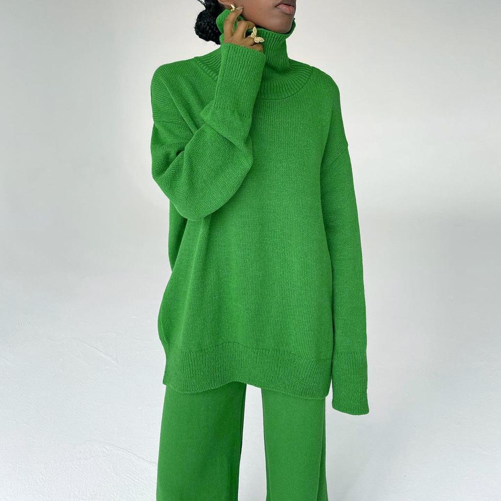 Брючные костюмы из двух предметов, осенне-зимний женский новый свитер с высоким воротом, эластичные широкие брюки с высокой талией, вязаный комплект