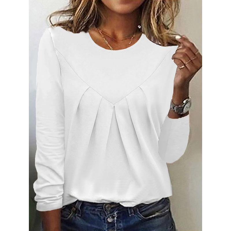 Daily Home Simple Elegant Women Pullover Top Wrinkled Base Shirt Long Sleeved T-shirt