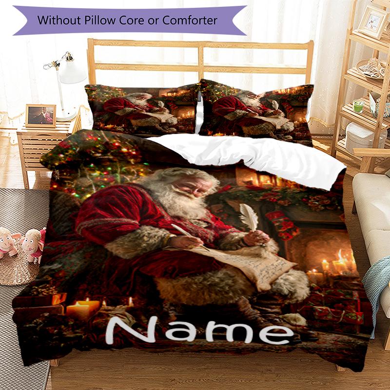 3pcs Custom Name Christmas Santa Claus Bedding Set Duvet Cover Closure Includes 1 Duvet Cover & 2 Pillowcases, Soft and Comfortable for All Seasons.
