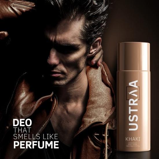 Ustraa Khaki Deodorant Body Spray For Men - 150ml | Rusty, Manly, Long-Lasting Fragrance | Skin-friendly Deodorant