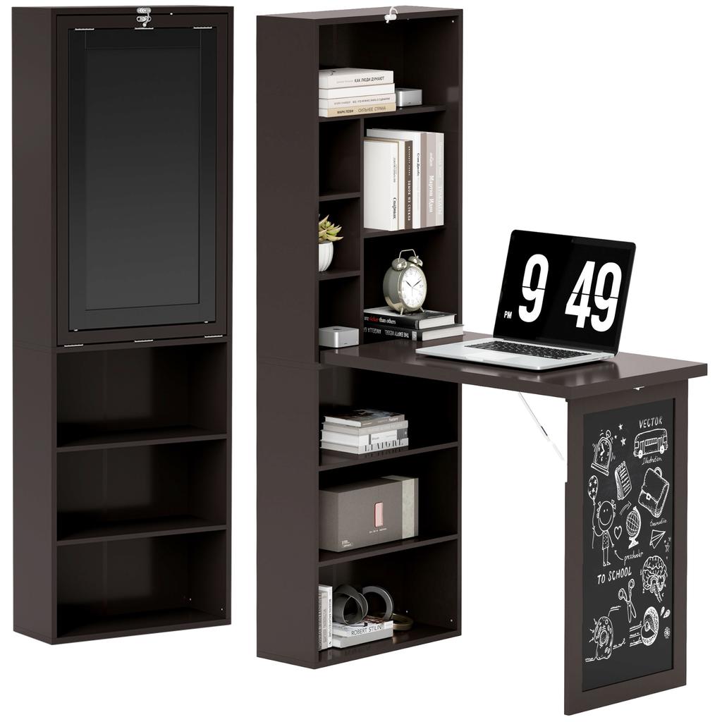 Foldable Wall Mounted Desk With Storage Chalkboard Bookshelf Adjustable Shelf Workstation