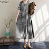 Women Plaid Print Casual Round Neck Short Sleeve Dress