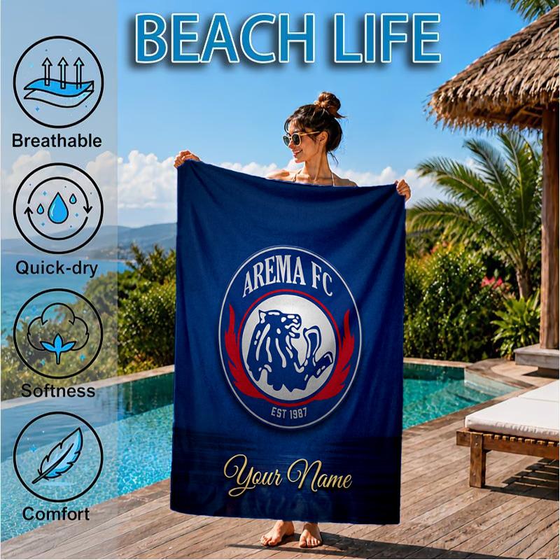Custom Name Beach Towel Arema Blue Flame Crest Logo Soft and Quick-drying Beach Towel, Suitable for Travel, Swimming Pool, Gym, Yoga, Gifts