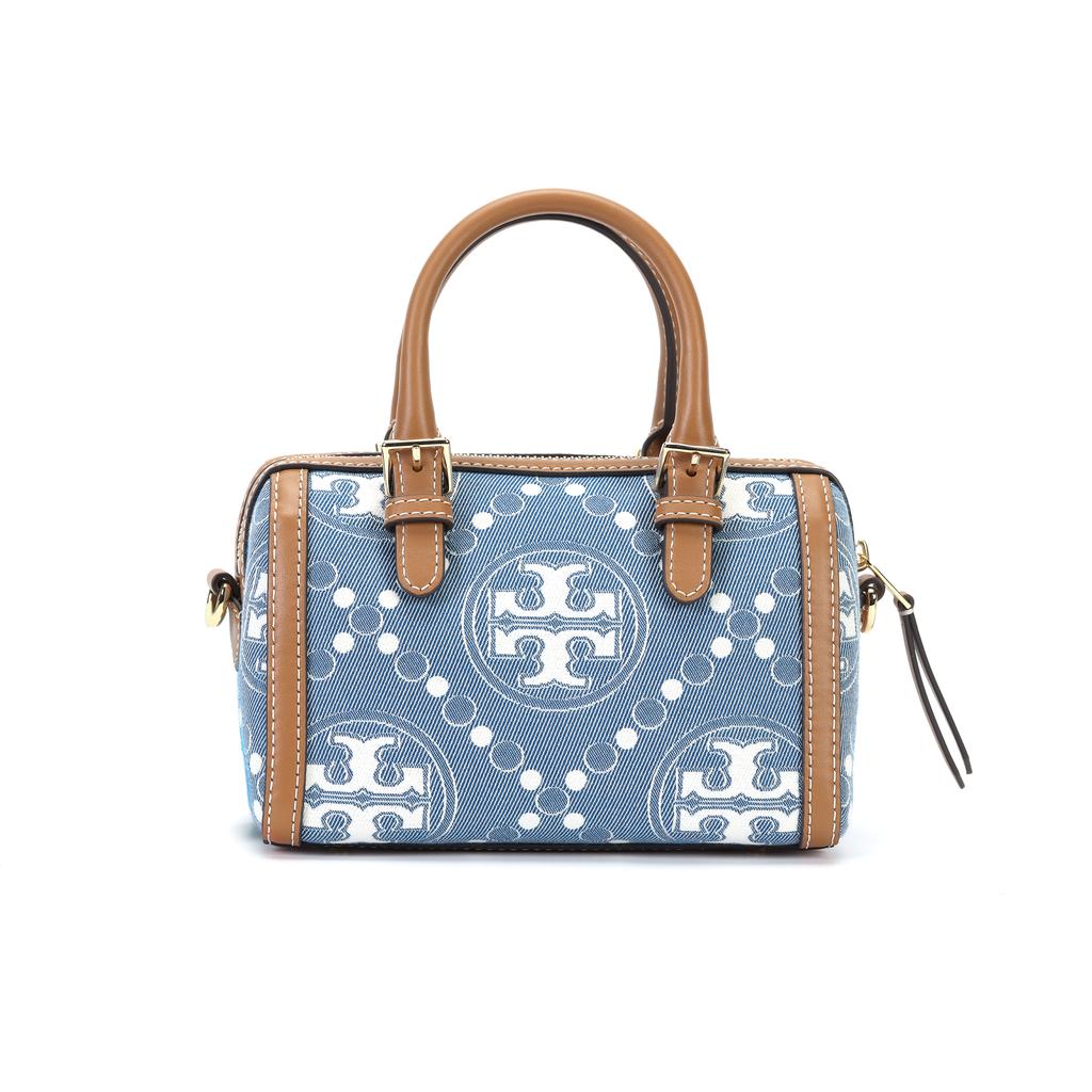 Tory Burch T Monogram Zipper Closure Fabric And Leather Barrel Bag Mini Women handbags Denim-Blue Brown 159640-960