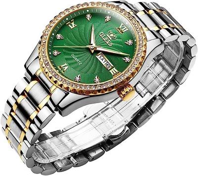 Часы OLEVS, деловые часы, наручные часы, бренд, металлический браслет, браслет из нержавеющей стали, аналоговый дисплей, стильные повседневные часы, белые, зеленые, мужские (Серебро + Циферблат)