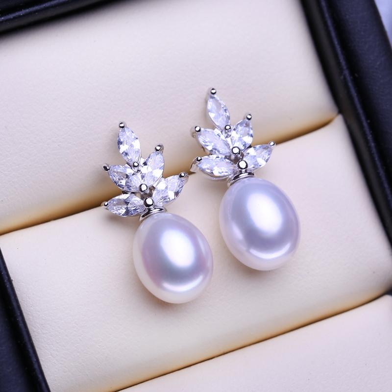 LSOOYH Natural Freshwater Pearl Earrings Fashion Party Cubic Zirconia Leaf Stud Earrings For Women Pearl Jewelry Wedding Bridal Earrings