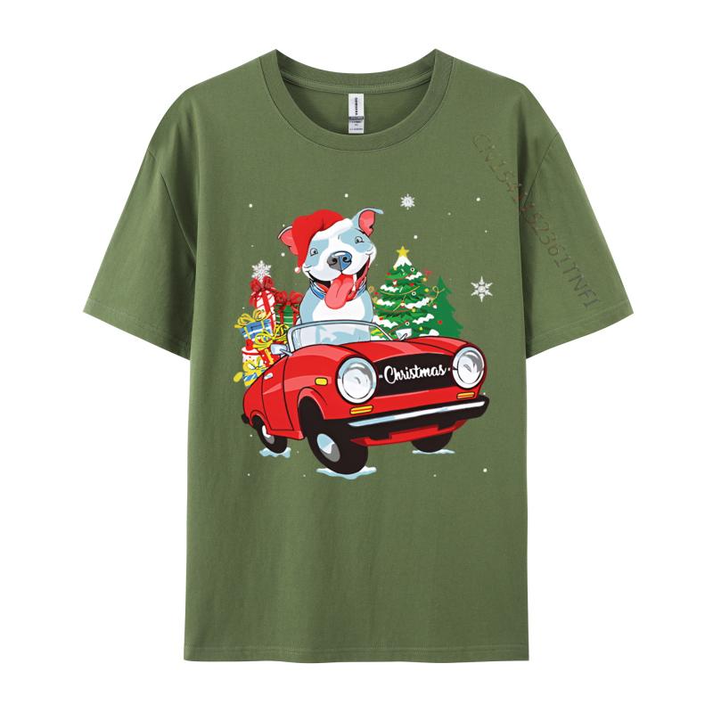 Cute Pitbull Dog Santa Hat Red Car Christmas T Shirt Tees High Quality Cotton Printed Gift T Shirt Men 100 Cotton