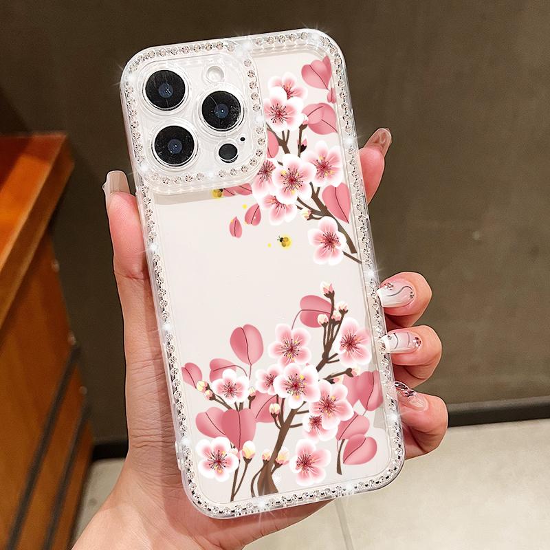 Прозрачный чехол с цветочным принтом сакуры и ромбовидной рамкой для iPhone 16E 16 15 Pro Max 14 Pro 13 12 11, противоударный чехол из мягкого силикона с защитой от падений