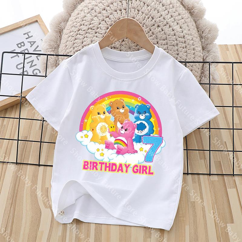 Summer Cartoon Care Bears Party White T Shirt for Girls Cute Cotton Birthday Number Tee Shirt Printed Clothes Anime Tops Gifts