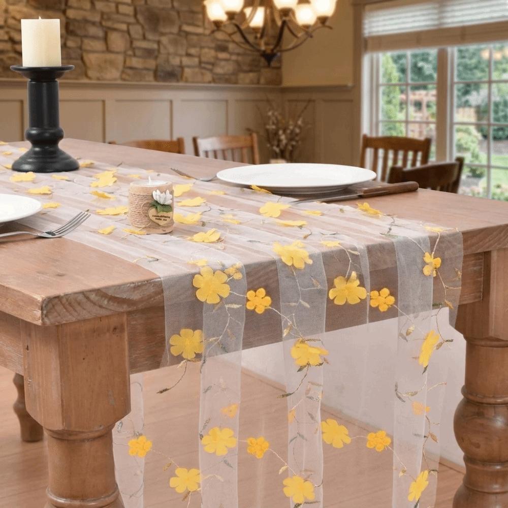 3D Embroidery Tulle Table Runner Romantic Gauze Table Flag Floral Tablecloth Photography Prop