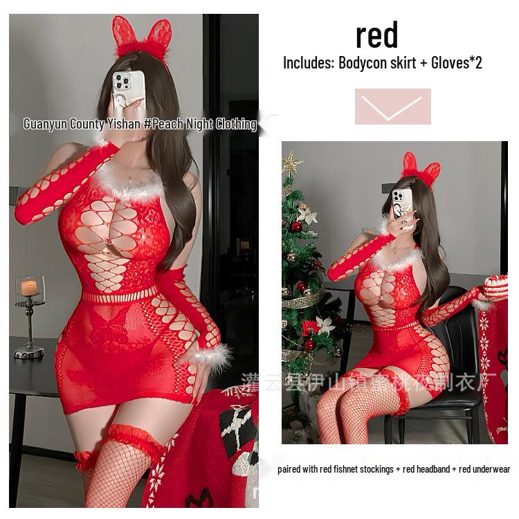 Sexy Red Mesh Cutout Dress Lingerie for Romantic Holidays