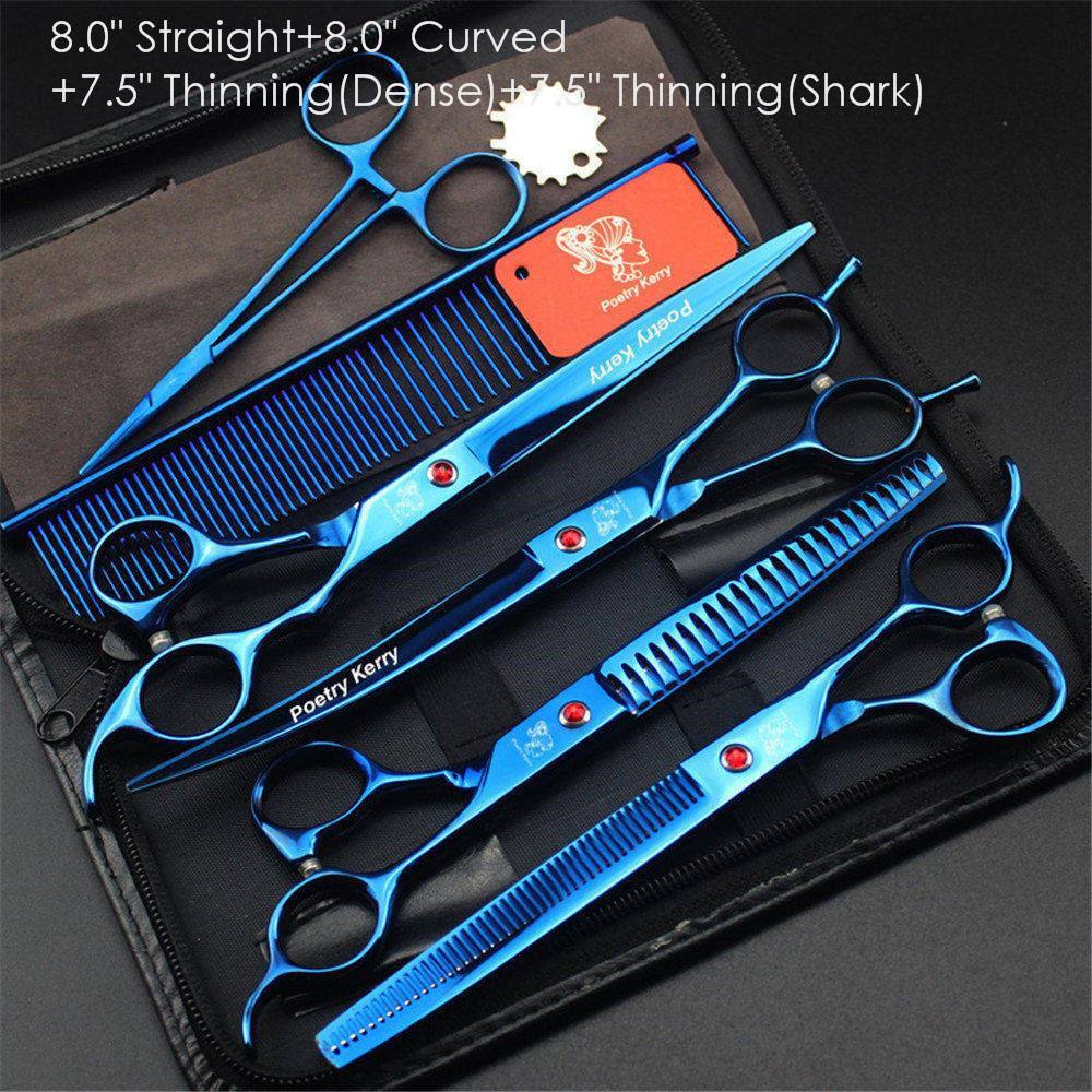 7.0" 8.0 Ch Profional Pet Scissors for Dog Groomg Straight & Thng & Curved Shears FeShark Teeth 4pcsSet +Comb Bag