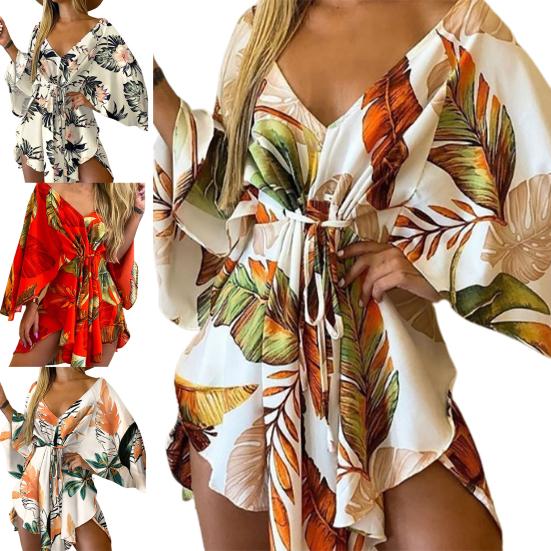 Asymmetrical Hem Elegent Beauty Lady Dress Tropical Print Sexy Women Dress Tie Front V Neck Mini Dress Beachwear