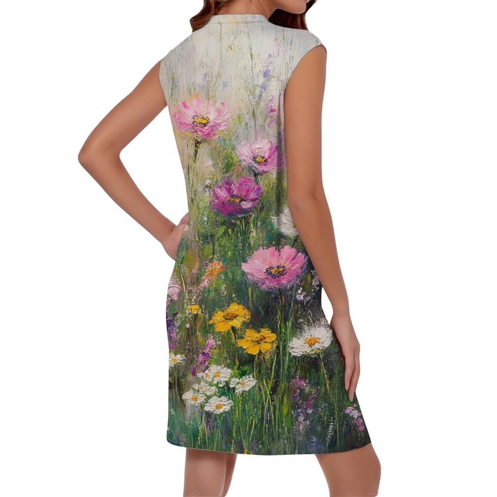 Women's Casual And Fashionable Round-neck Sleeveless Printing Mid Length Dress