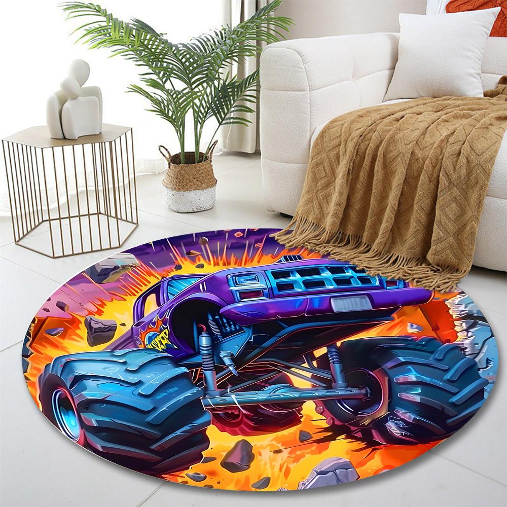 "Purple Monster Truck Explosion Scene" Print round rug, living room, bedroom, playroom carpet, non slip floor mat, gift