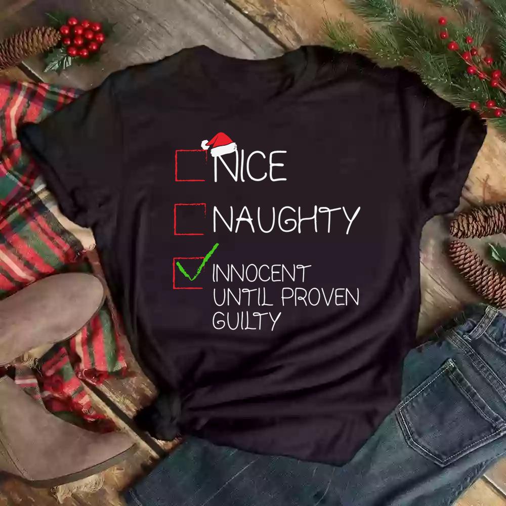 Unisex Nice Naughty Christmas Cartoon Letter Print T-shirt Casual Short Sleeve Crew Neck Summer Top Women's Clothing