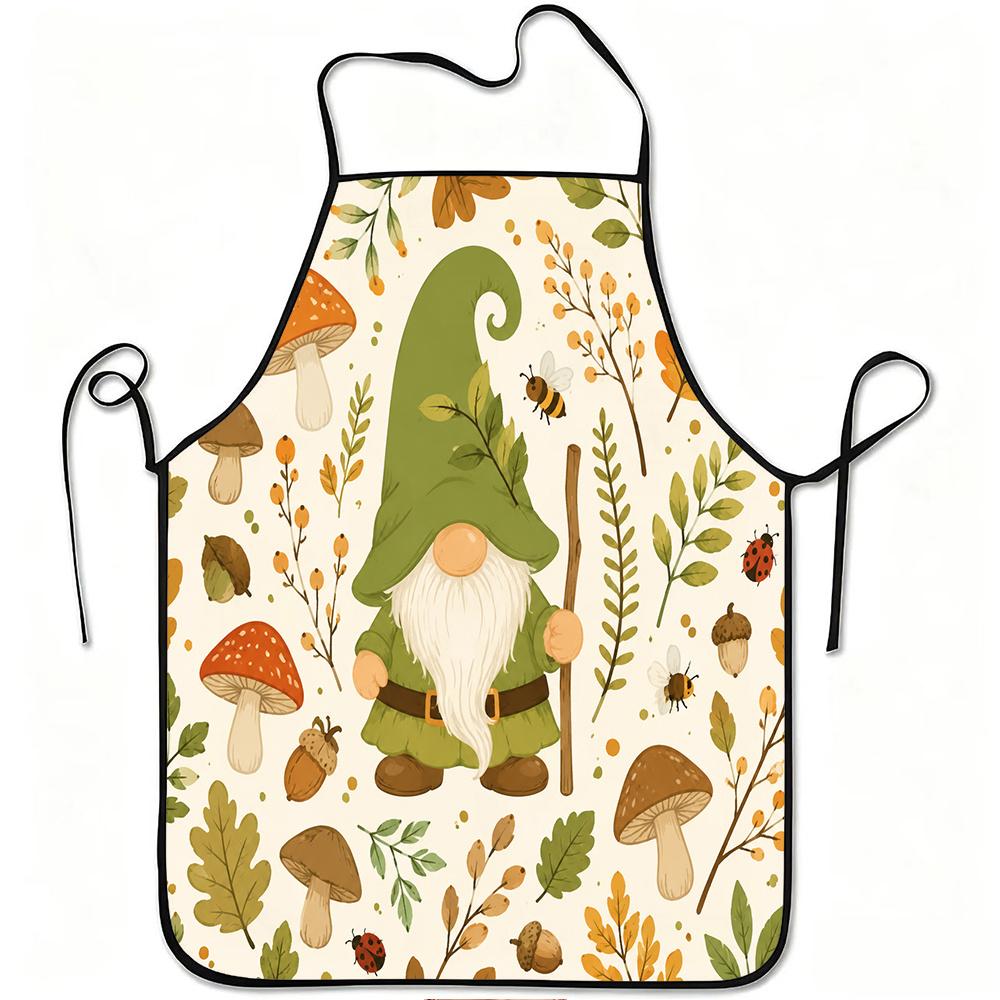 1pc Forest Gnome Apron with Mushroom Leaf Bee Acorn Print - Adjustable Waistband, Durable Easy-Clean Polyester Suitable for Kitchen Cooking, Gardening