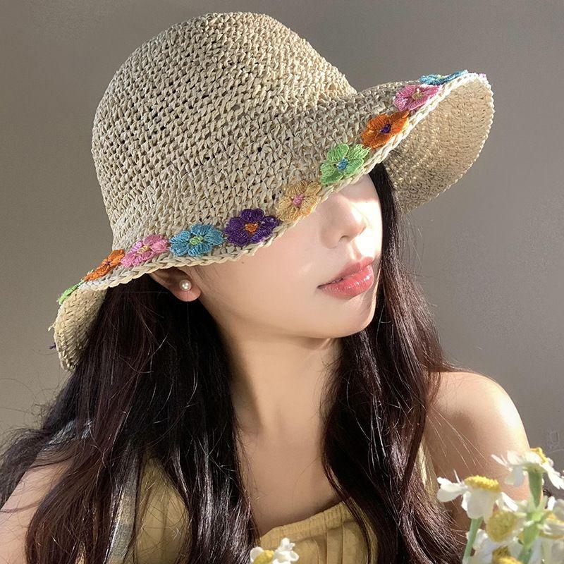 Соломенная шляпа с цветочным узором для женщин, летняя шляпа с большими полями для рыбалки, пляжная шляпа для защиты от солнца и защиты от солнца
