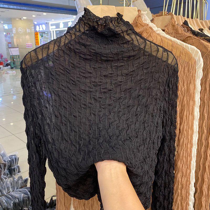Рубашка на сетчатой основе с высоким воротом для женщин на весну и осень, прозрачный кружевной топ с длинными рукавами для женщин