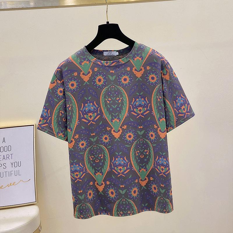 Футболка большого размера из хлопка с короткими рукавами, женская летняя одежда, корейская версия свободной и тонкой универсальной футболки с круглым вырезом и принтом для женщин
