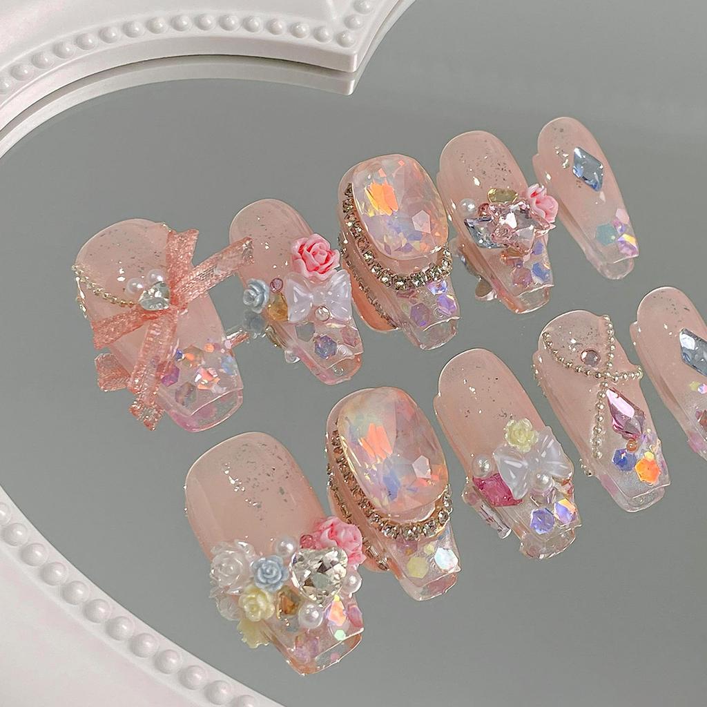 Clear Pink Fake Nails with Flash Glitter Natural-looking Easy to Take on and Apply for Women and Girl Nail Salon