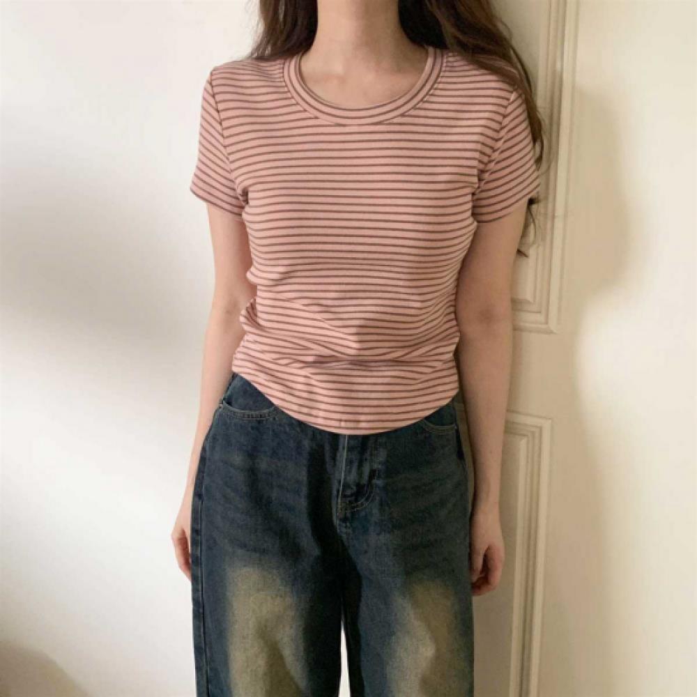 New Arrivals Open Run Women STripe Round Neck CoTTon Blend Spandex T shirT