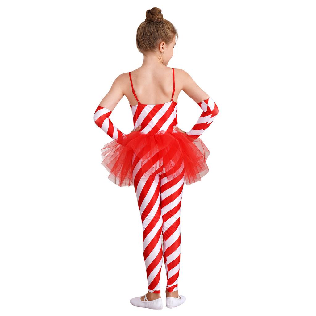 Girls Candy Cane Costume Santa Claus Christmas Sleeveless Stripes Print Tulle Peplum Long Jumpsuit with Arm Sleeves