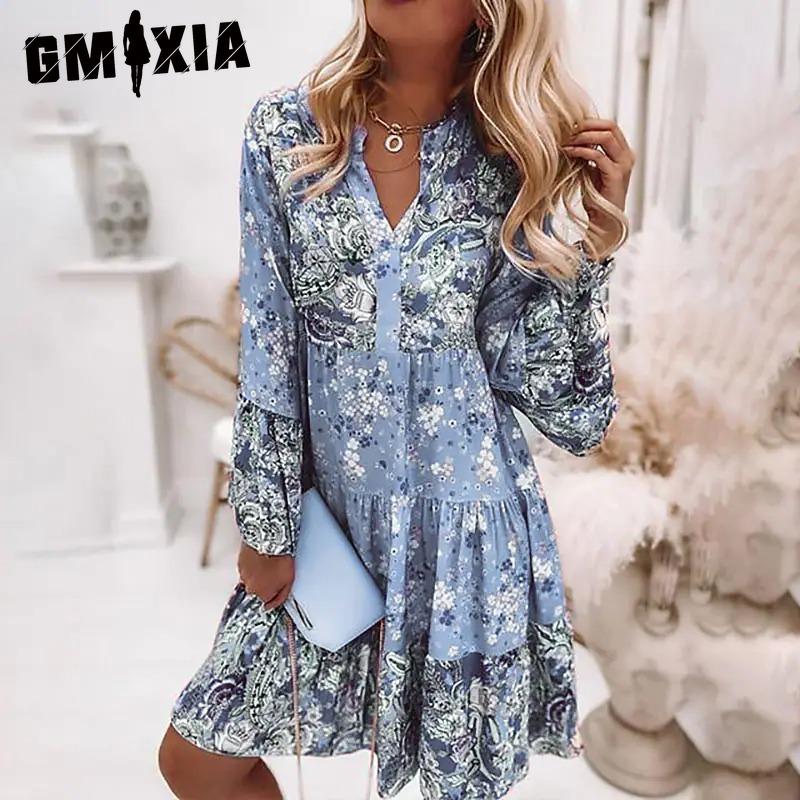 GMXIA Весна-лето Женское Цветочное Лоскутное Юбка Многослойное Мини Платье