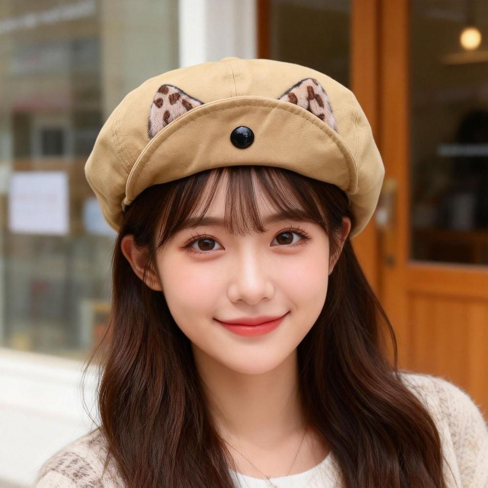 Cute Cat Ears Painter Hat Casual Flipped Brim Beanie Fashion Beret Hat  Women