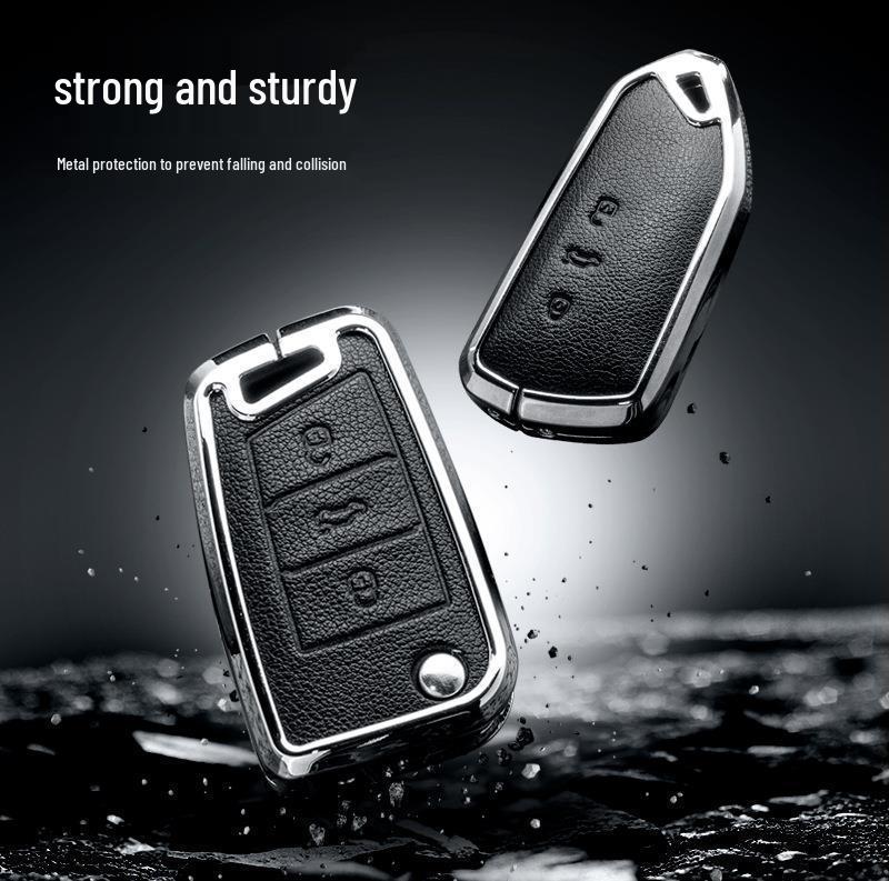 Volkswagen/Skoda Double-Sided Leather Zinc Alloy Car Key Case - Non-Signal Blocking, Full-Wrap Design