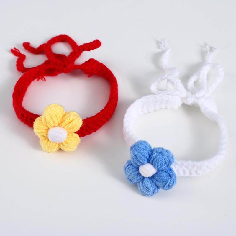Handmade Knitted Pet Collar With Puff Flower Decor Adjustable Cats Dogs Fall Winter
