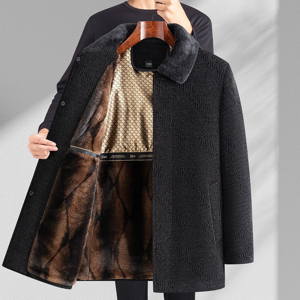 Шерстяное шерстяное пальто мужское бархатное утолщенное зимнее пальто для папы среднего и пожилого возраста ветровка для дедушки теплое пальто