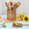 Wood Utensil Holder with Spoon Rest Round Knife and Fork Storage Bucket Flatware and Spatula Organizer Box for Kitchen Counter