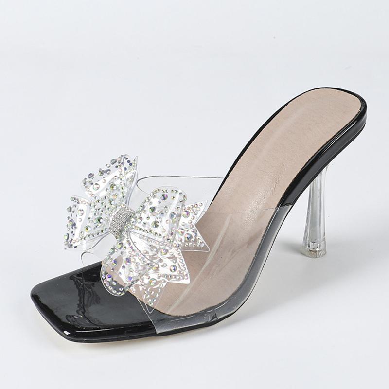 Модные прозрачные ПВХ шлепанцы Liyke для женщин, хрустальные стразы, бантик, высокие каблуки, прозрачные сандалии, модный квадратный носок, обувь для вечеринок и выпускного вечера