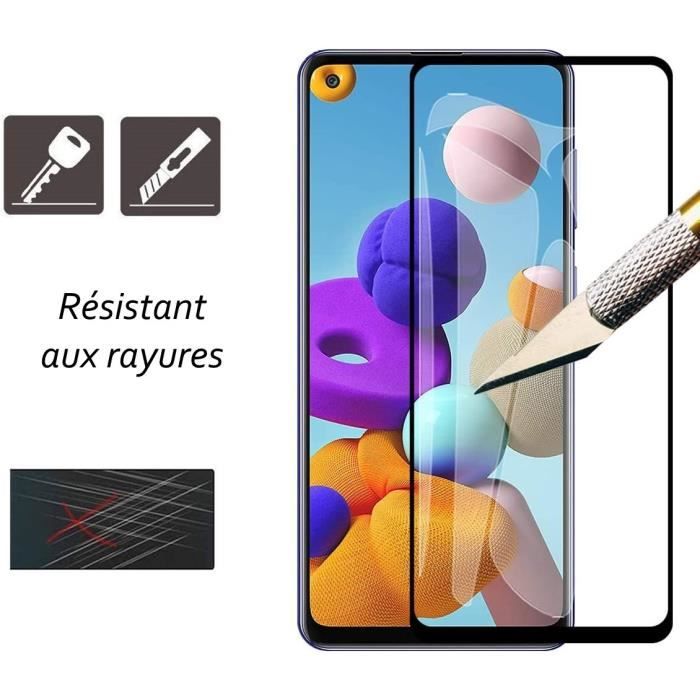 2 Verres trempés pour Samsung Galaxy A21S bords noirs et 1 coque de protection souple transparente avec Stylet Toproduits®