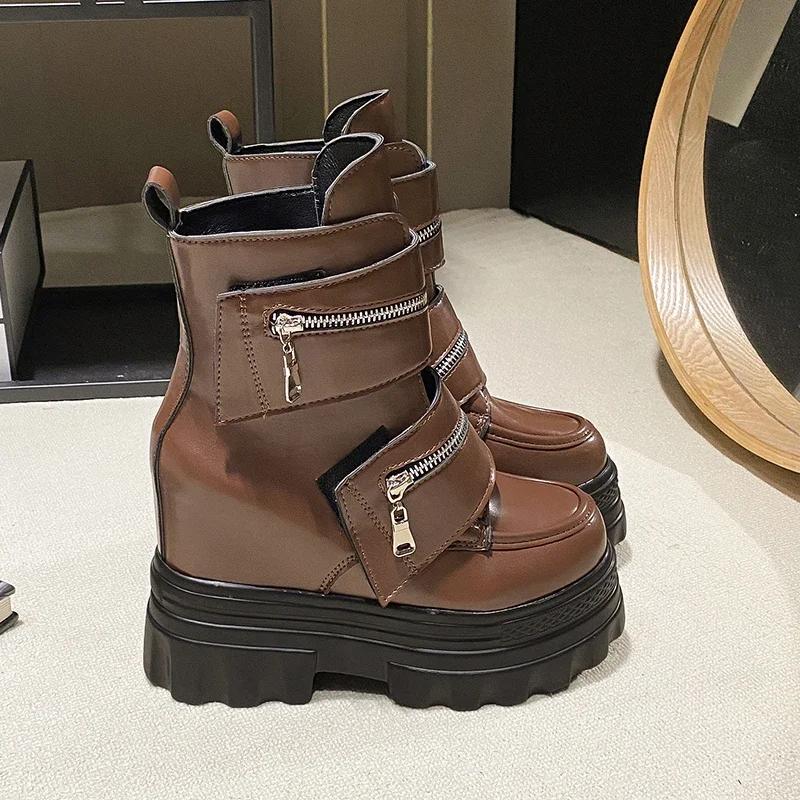 Модные женские кожаные ботильоны Осень Зима Каблуки 11 см Кроссовки Круглый носок Короткие ботинки Женские Молния Мотоциклетные Платформа Ботас 2024