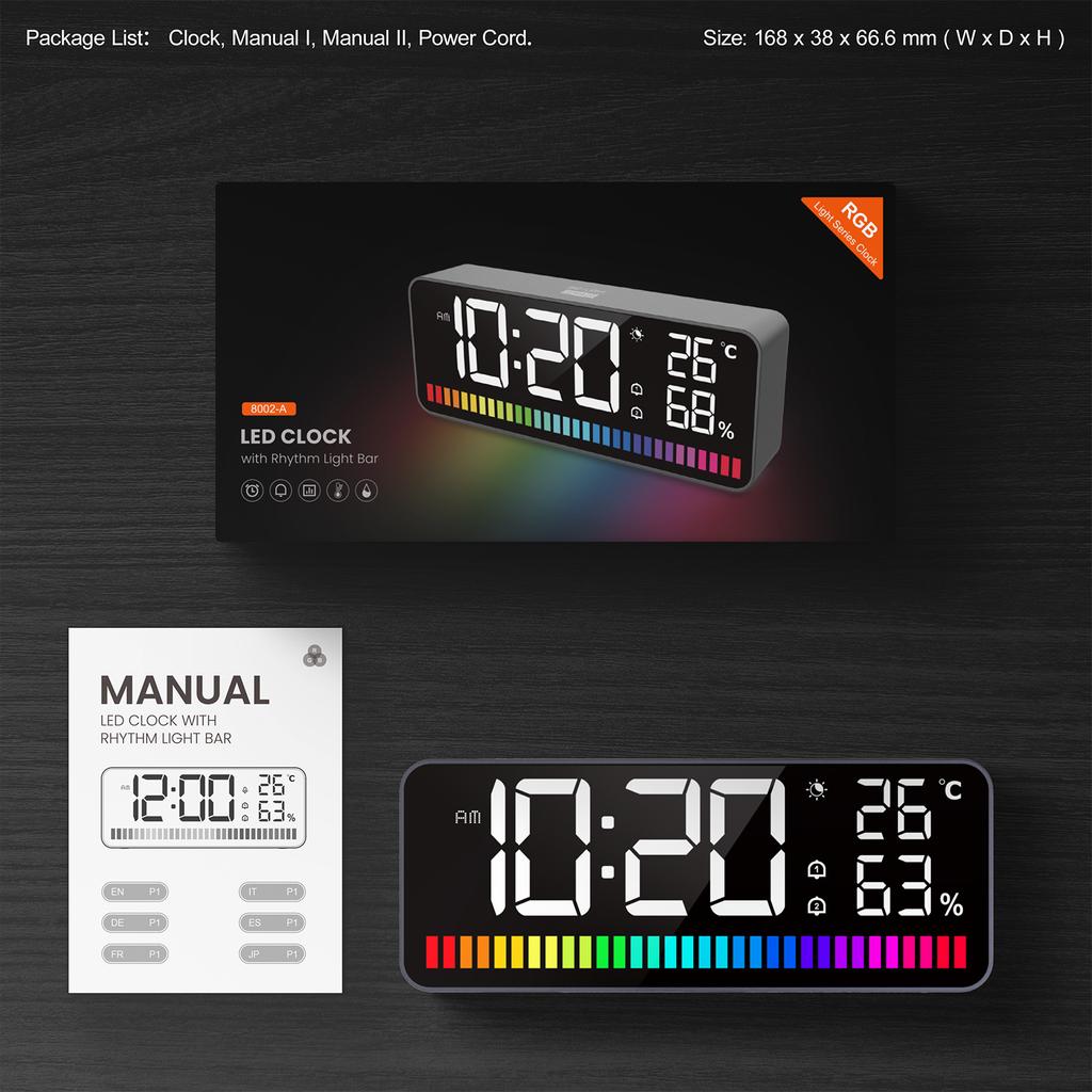 Светодиодный будильник с ритмичной световой панелью, ночник, цифровые часы с большим дисплеем, температура и