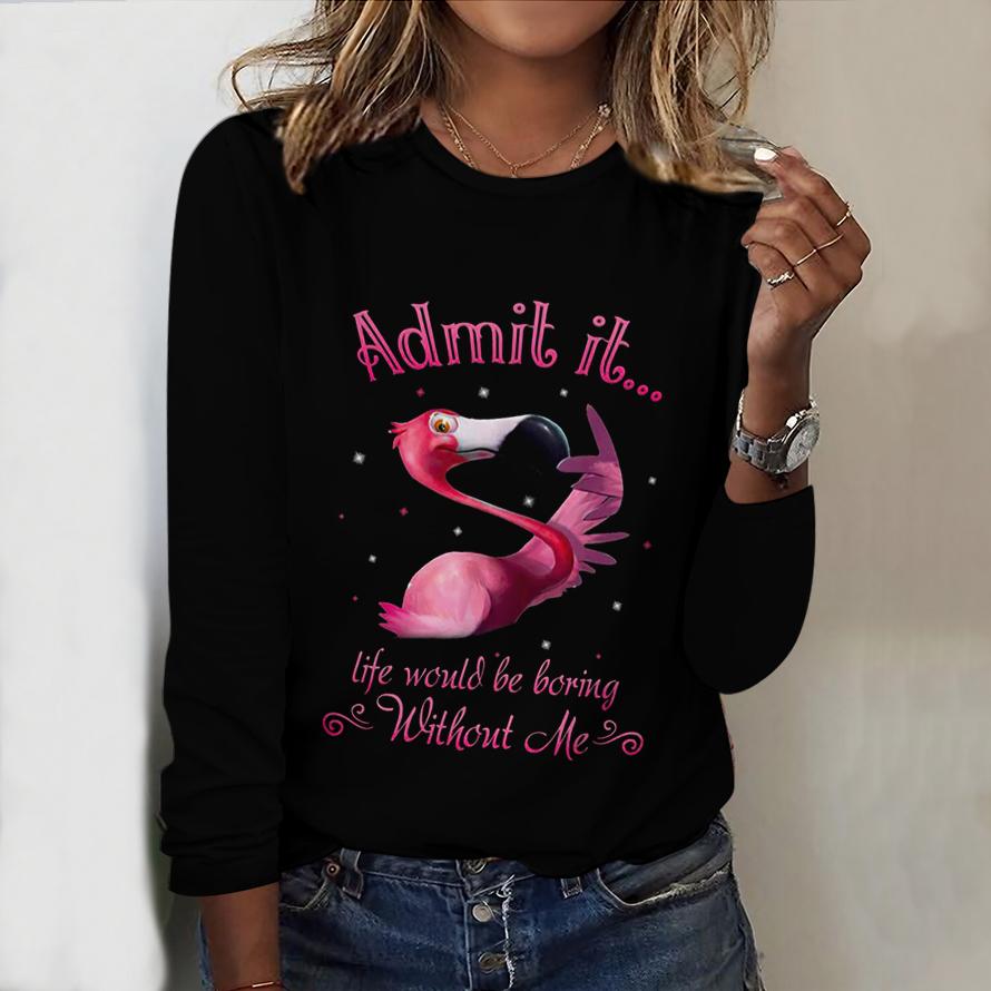 Tops For Women Colorful Flamingo Print Round Neck Long Sleeve T-shirt Fall Casual Slim Pullover Women's Long Sleeve Top