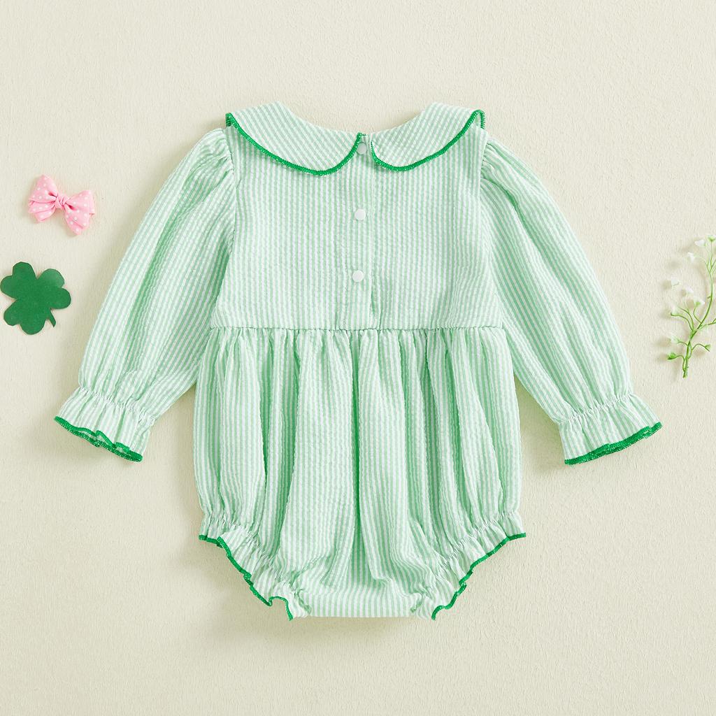 Citgeett Spring St. Patrick's Day Infant Baby Girl Bodysuit Long Sleeve Collar Clover Embroidery Outfit Jumpsuit Clothes
