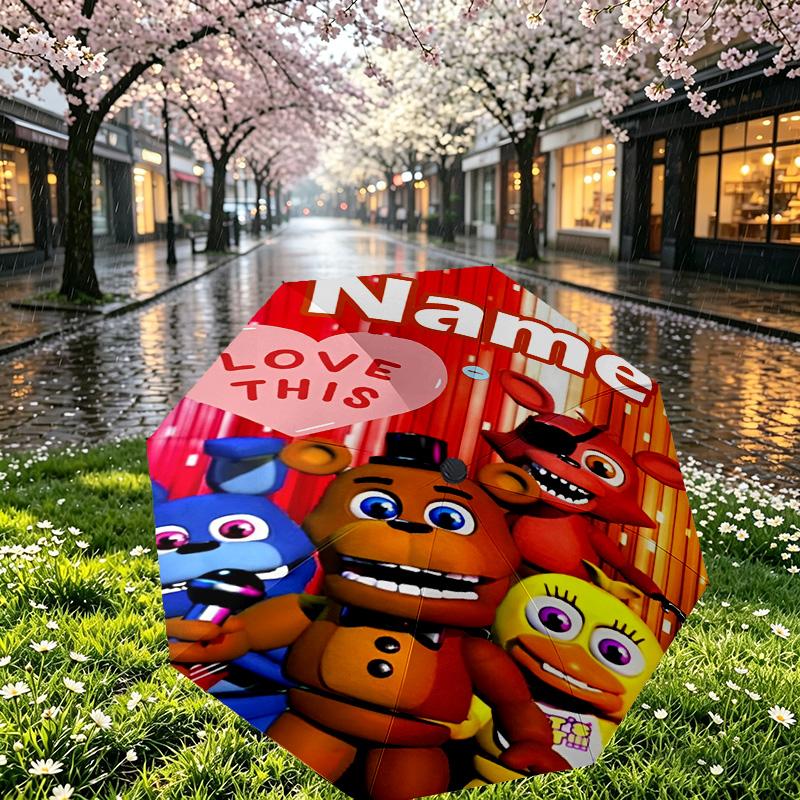 Custom Name Personalized Five Nights at Freddy's Print Umbrella, Auto Open Close, 8‑Rib Sturdy Frame, Commute Camping Hiking Use, Birthday Gift