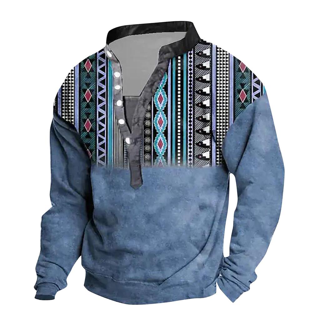 Мужской свитер с v-образным вырезом и воротником-стойкой с 3D цифровой печатью и винтажным воротником на 6 пуговицах